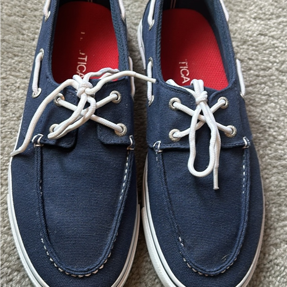 Nautica Men's Navy Canvas Boat Shoes with White Laces & Red Insole.